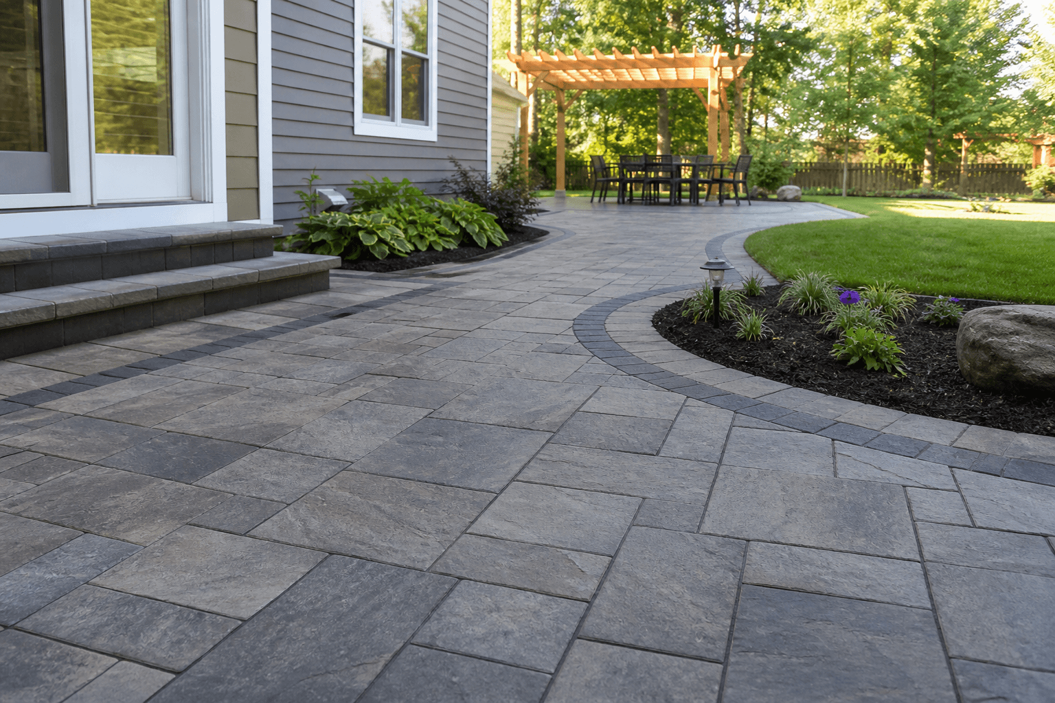 Freshly installed interlocking stone patio and walkway